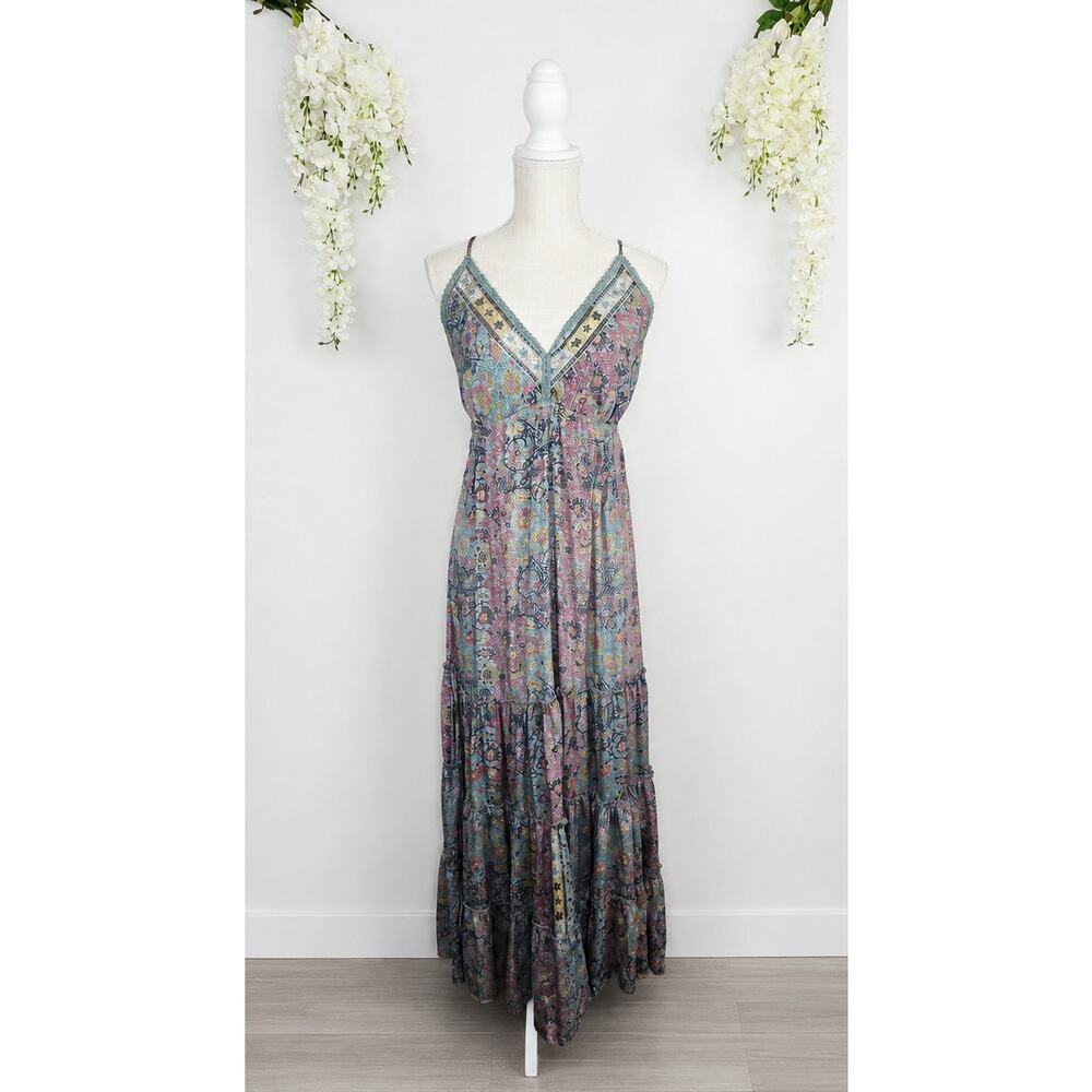 fab’rik Maxi Dress Large Mint Paisley Boho Tassel Tie Cottage Festival Whimsical - Picture 2 of 12